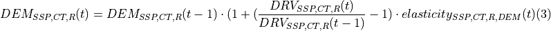 DEM_{SSP,CT,R}(t) = DEM_{SSP,CT,R}(t-1) \cdot (1+(\frac{DRV_{SSP,CT,R}(t)}{DRV_{SSP,CT,R}(t-1)}-1) \cdot elasticity_{SSP,CT,R,DEM}(t) (3)